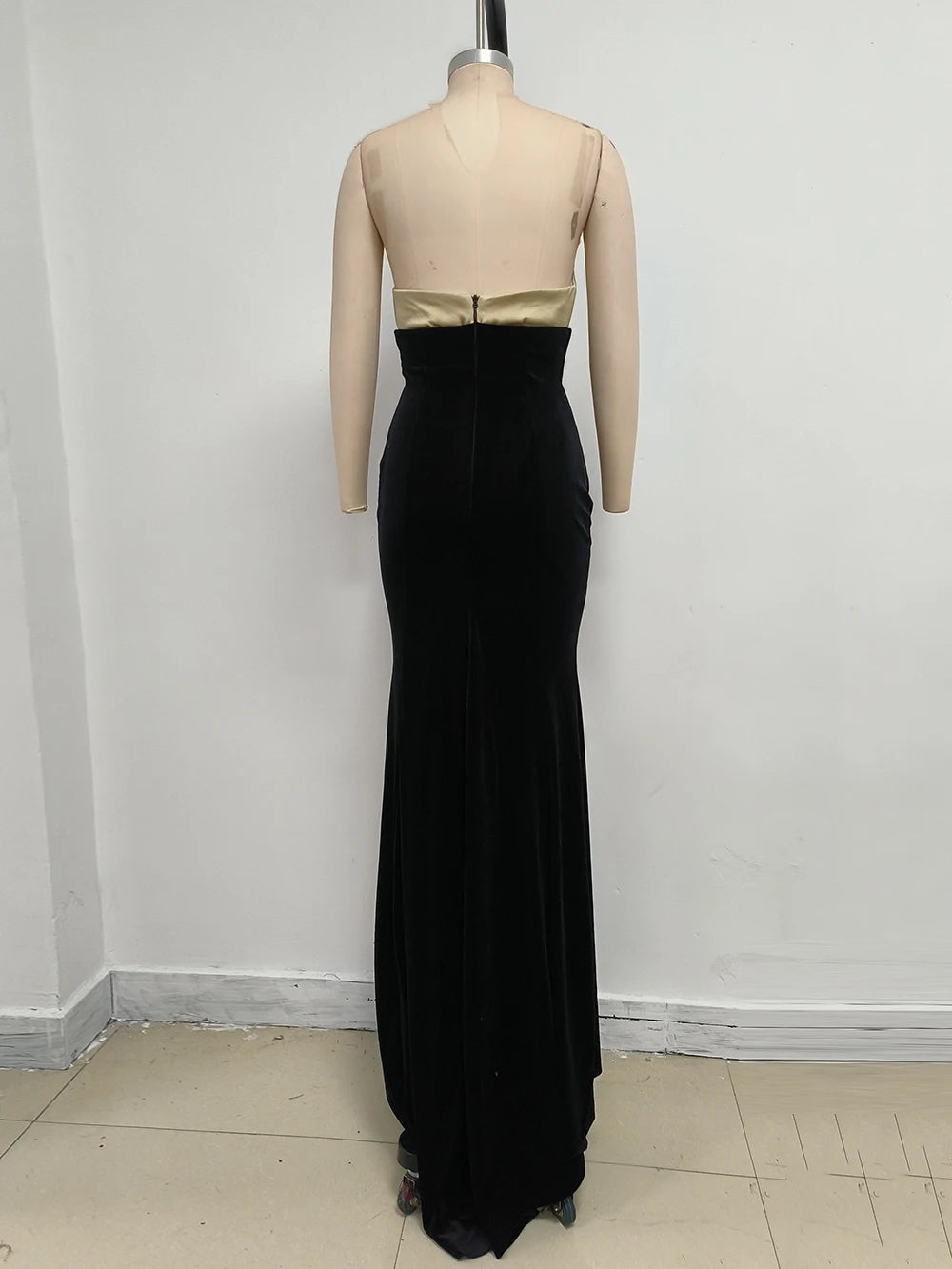 UpAvonu Elegant Strapless Patchwork Velvet Mermaid Long Dress Women Sexy Sleeveless Folds Slim Evening Runway Party Gown