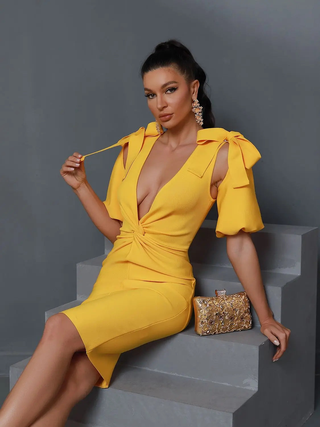 Yellow Bandage Dress Women Sexy Party Dress Bodycon Elegant Draped Deep v Neck Birthday Evening Club Outfits Summer 2023
