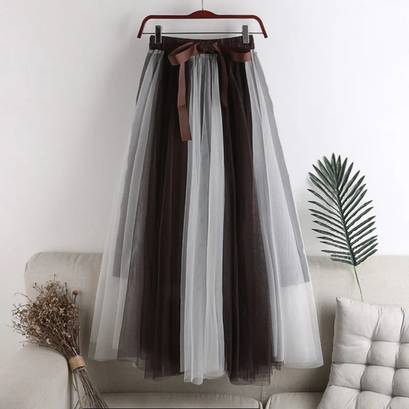 Spring Summer Gradient Color Tulle Skirts Women Fashion Bow Patchwork A-line Skirt Female Long Sweet Party Skirts Khaki One Size