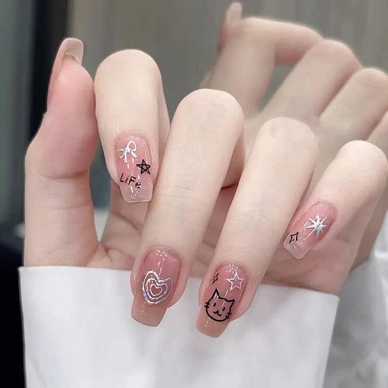 24Pcs Pink False Nails with Glue Ballerina Full Cover Nail Tips Simple Fake Nail with Star Rabbit Design Wearable Press on Nails