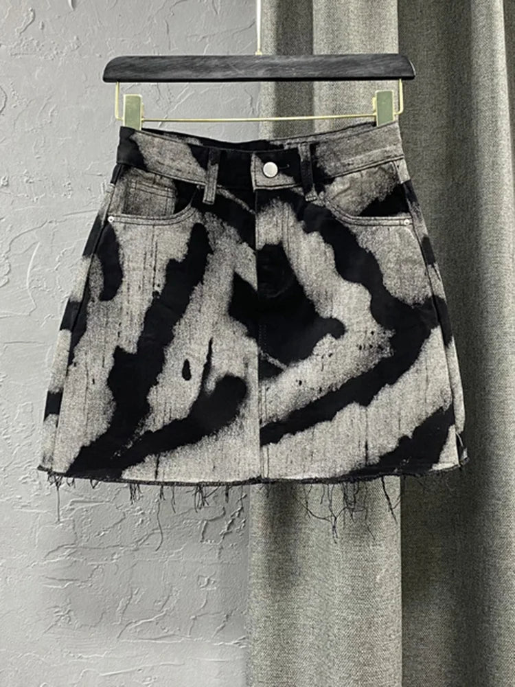 DEAT Women's Denim Skirt Contrast Color Stripes Print Burrs High Waist Short Mini Skirts Summer New Fashion 11XX1648 Grey