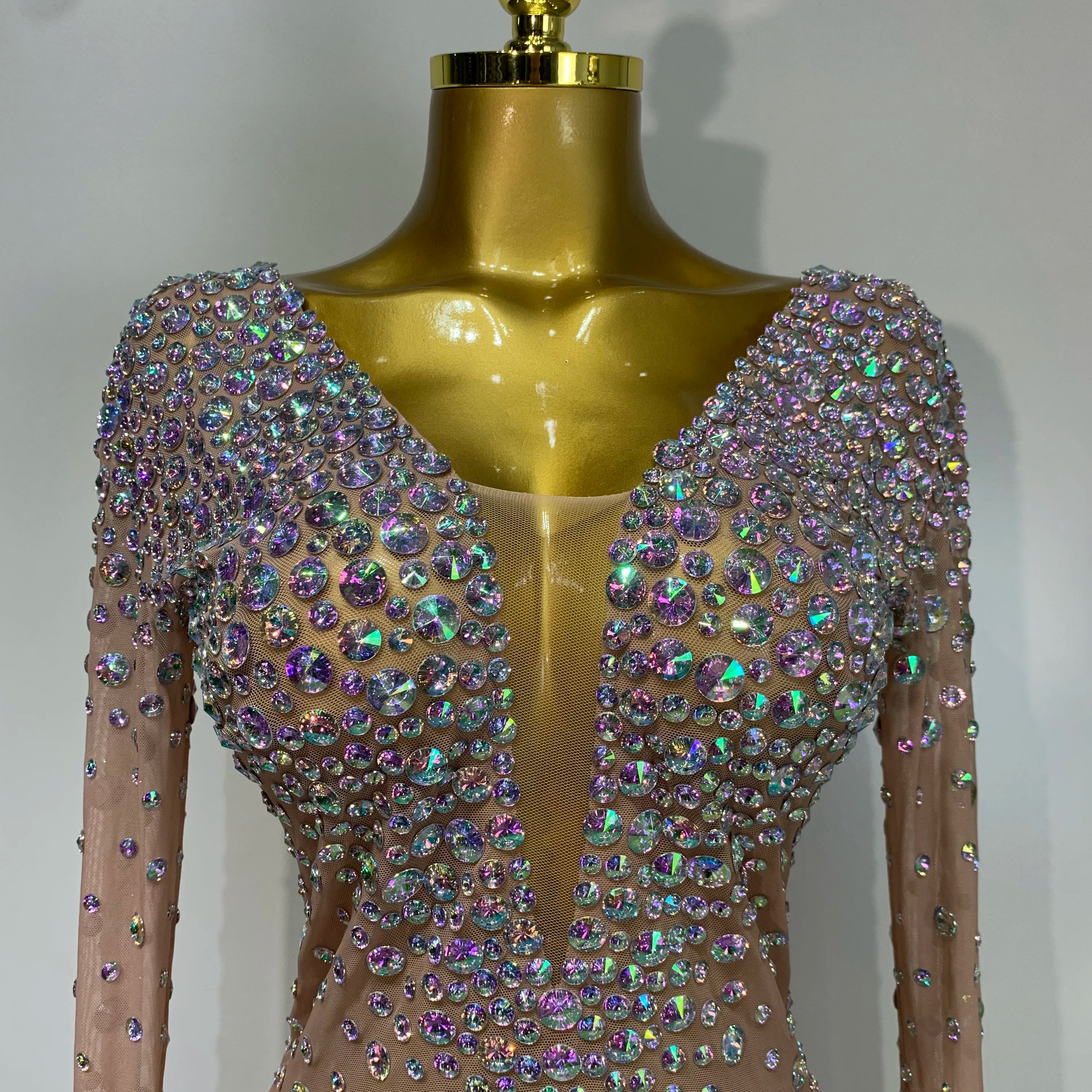 Sparkly Luxury Rhinestones Colourful Mini Dress Women Sexy Mesh See Through Birthday Performance Costume Dancer Stage Wear