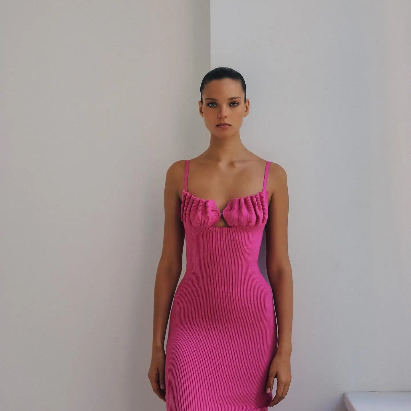 Pink Black Color Women Sleeveless Sexy Strap Square Collar Bodycon Mid-calf Bandage Dress Birthday Party Celebrate Fashion Dress Pink