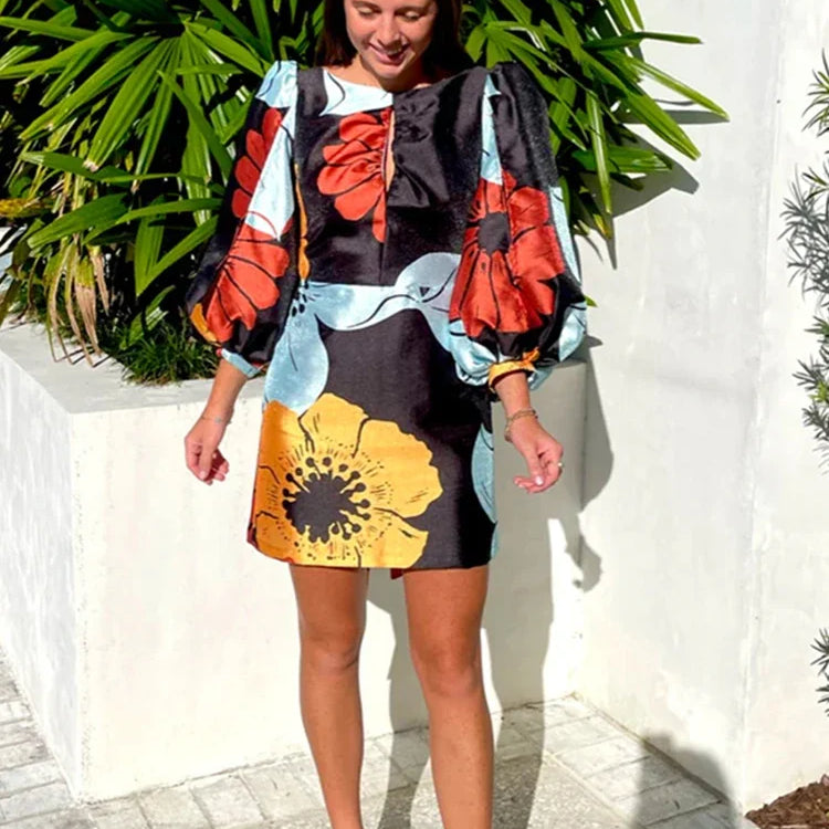 Elegant Backless Floral Mini Dress Summer Women Long Lantern Sleeve Beach Dresses Female Chic O-Neck Hollow Party Vestidos