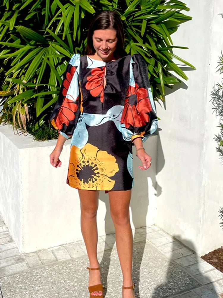 Elegant Backless Floral Mini Dress Summer Women Long Lantern Sleeve Beach Dresses Female Chic O-Neck Hollow Party Vestidos