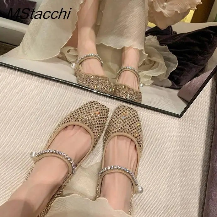 Mesh Crystal Pearl Flat Shoes Woman Square Toe Office Lady Luxury Shoes Big Size Mary Janes Shoes 2025 Spring Single Shoes