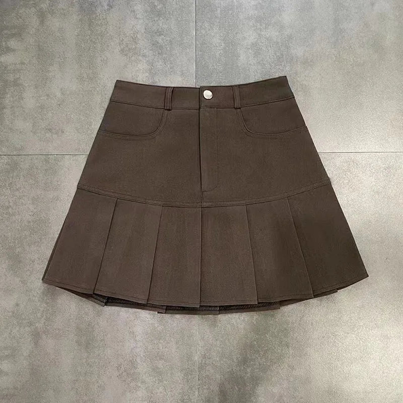 Y2K Vintage High Waist Pleated Skirt Women College Style Uniforms Safety Pants Mini Skirts Woman Korean Street Slim A-Line Skirt Brown