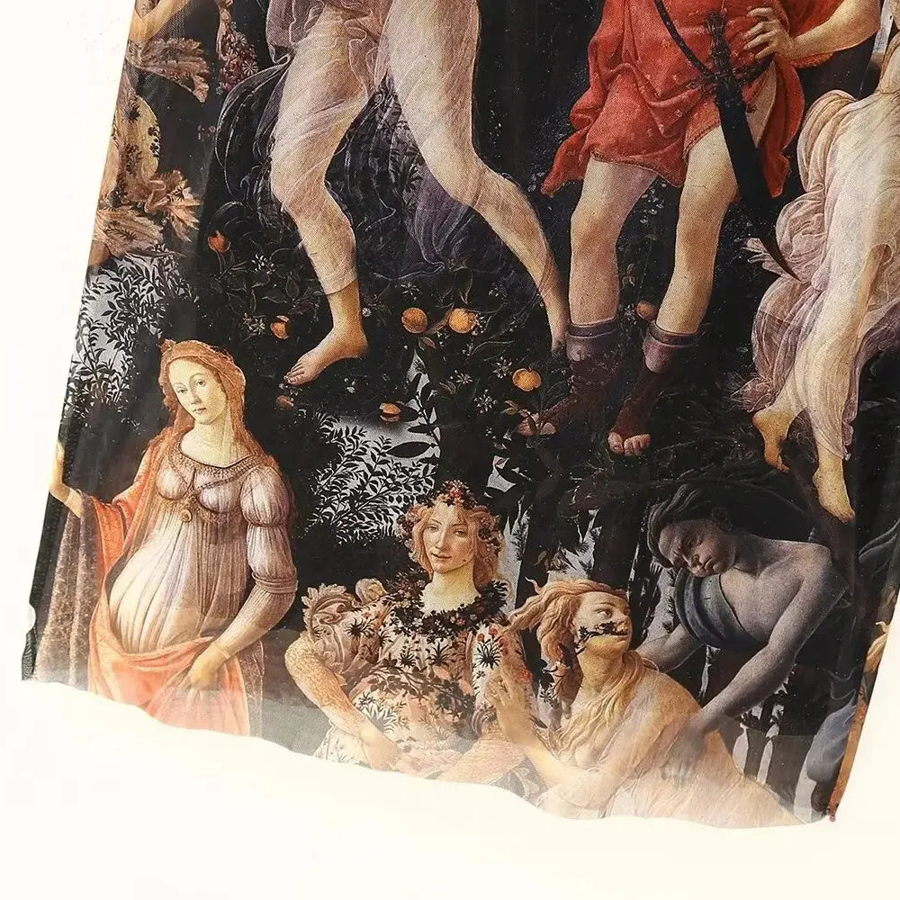 Women Fashion Oil Painting Printing Mesh Slim Midi Dress Female Chic O Neck Long Sleeve Casual Party Vestidos