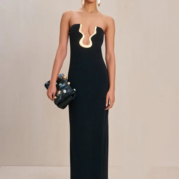 Ladies Women Celebrity Sexy Strapless Backless Black Maxi Long Bodycon Bandage Dress 2025 Elegant Evening Club Party Outfit