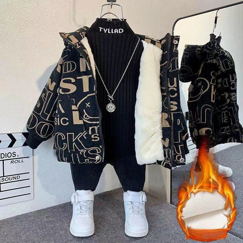 Boys' Winter Fleece Padded Coat Boys' Trendy Fashionable Cotton Coat Thickened Parka