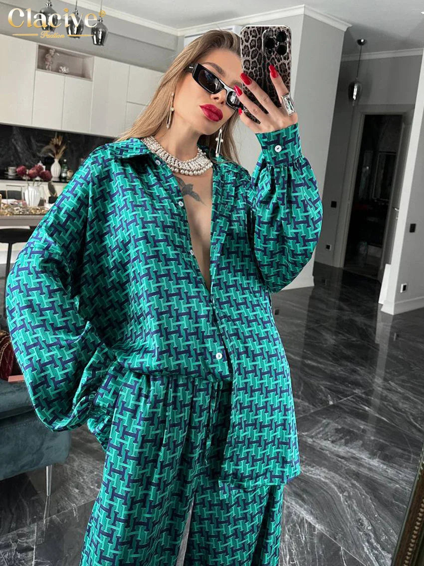 Clacive Fashion Loose Print 2 Piece Sets Women Outfit Elegant Long Sleeve Shirt With High Waist Wide Pants Set Streetwear