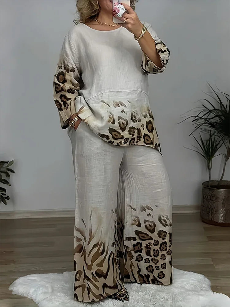 Women's Plus Size Casual Two Piece Set Leopard 3/4 Sleeve Crew Neck Tops T-Shirt Elastic Waist Straight Loose Pockets Pants Sets