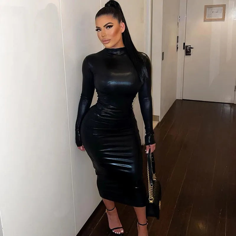 Dulzura Black Long Sleeve Pu Midi Dress For Women Bodycon Sexy Long Dress Streetwear Party Club Outfits Fall Winter Wholesale black