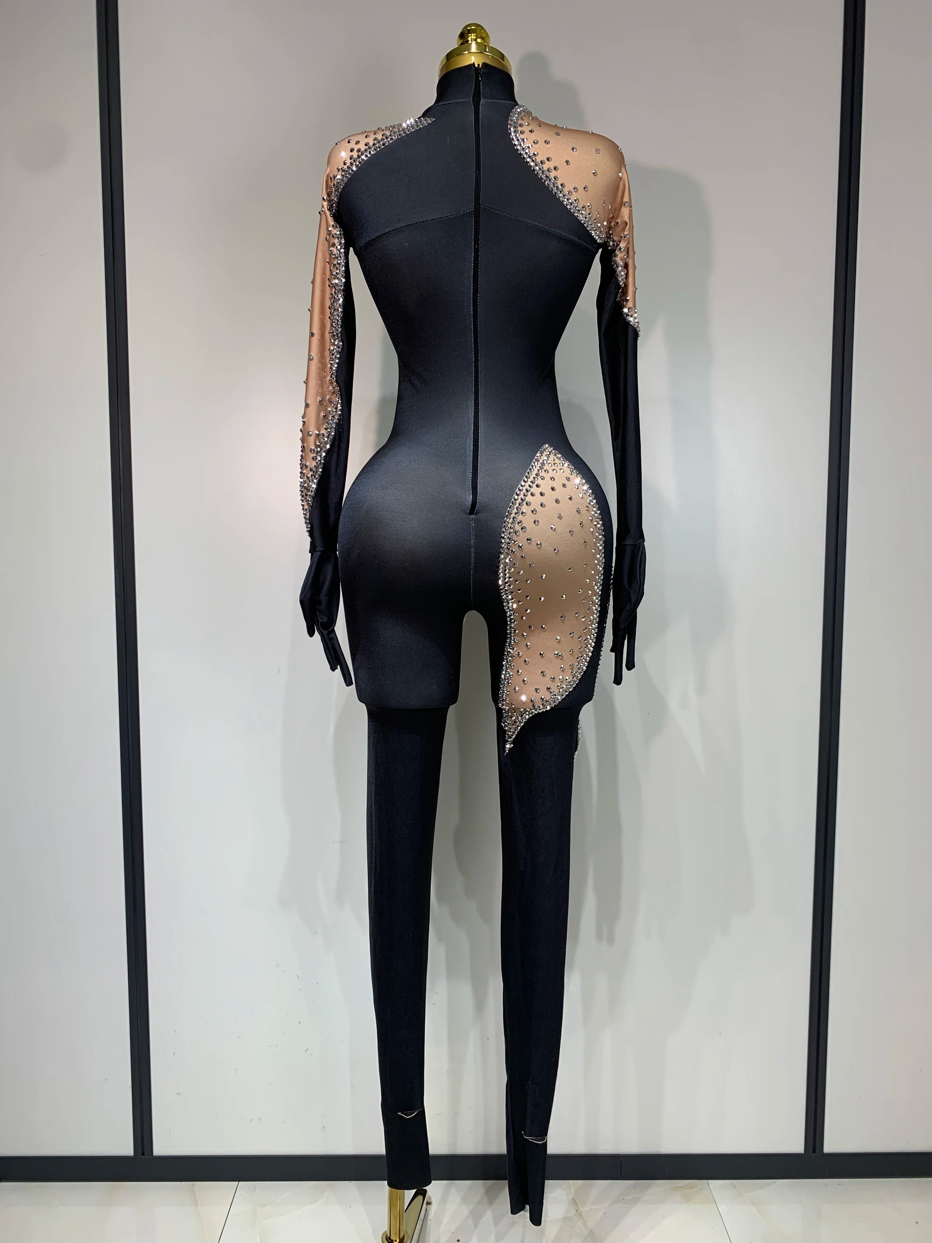 Fashion Sparkly Rhinestone Bodycon Bodysuit Female Singer Dancer Stage Perform Outfit Luxury Birthday Club Drag Queen Costume