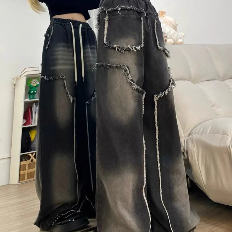 Autumn Winter New Straight Tube Women's Jeans American Retro Baggy Jeans Ladies Black Raw Edge Straight Tube Pants for Women