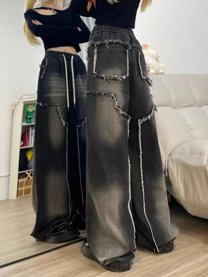 Autumn Winter New Straight Tube Women's Jeans American Retro Baggy Jeans Ladies Black Raw Edge Straight Tube Pants for Women
