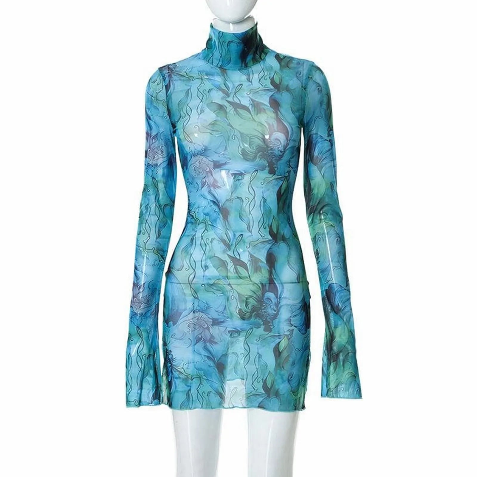 Women'S Dresses Free Shipping Ladies Mesh Printed Round Neck Bell Sleeve Side Open Hip Dress Sexy Stretch Slim Mini Skirt Y2k
