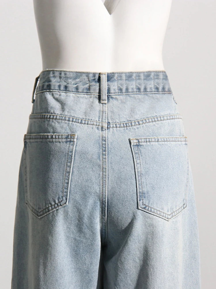 Patchwork Diamonds Casual Denim Trousers For Women High Waist Spliced Button Solid Loose Straight Jeans Female Fashion