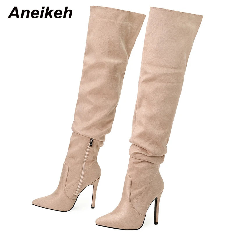 Women's Fashion Trend Pointed Toe Thin Heel Over Knee Boots Spring/Autumn Flock Splicing Side Zipper Chelsea Boots