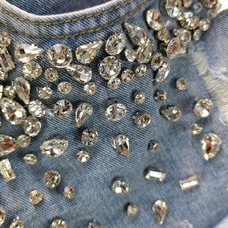 Women's Short Jeans High Waist Distressed Diamonds Tassel Loose Wide Leg Luxury Denim Shorts Autumn Fashion