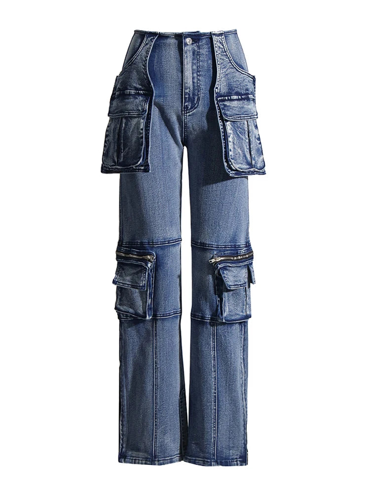 Solid Patchwork Pockets Casual Denim Trousers For Women High Waist Spliced Button Streetwear Loose Cargo Jeans Female New