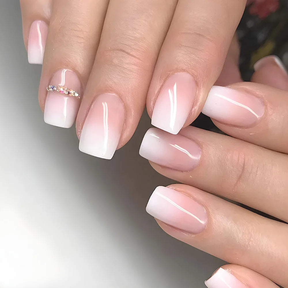24pcs/set short fake nails gradient nude pink jelly glossy square ballet french tips Reusable faux ongles press on false nail