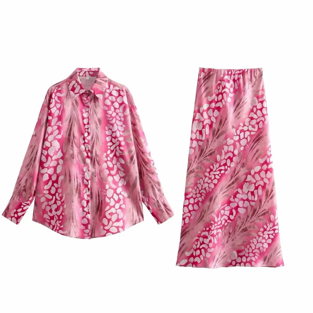 Taop&Za Women's Elegant Silk Texture Printed Long sleeved Shirt/High Waist Printed Half skirt Long skirt Red two piece set