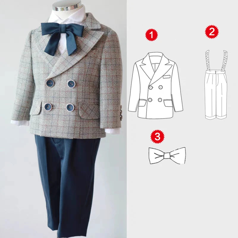 Suit for Kids Wedding autumn and winter Lattice Jacket black Pants braces Boys Blazer Casual Clothes Baby 1-8 Years Outfit GRAY