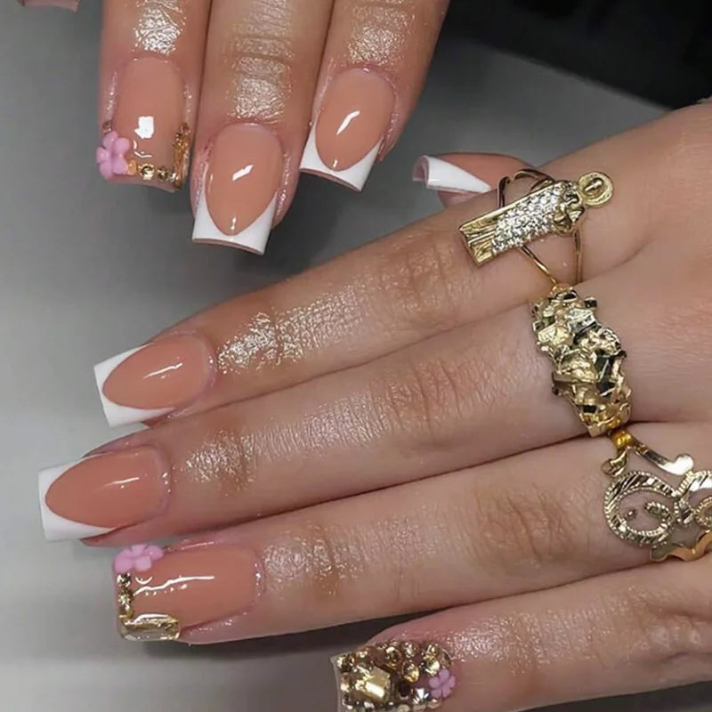 24pcs/Box Press on Nails French Square Head with Flowers False Nail Wearable Glitter Diamond Fake Nails Full Cover Nail Tips Art