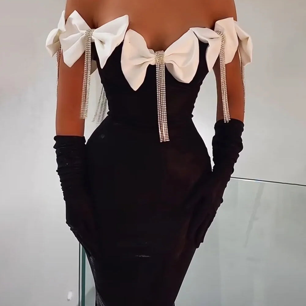 Women Sexy Off the Shoulder Bodycon Bandage Long Dress Bow Chain Elegant Evening Party Celebrate Birthday Dress