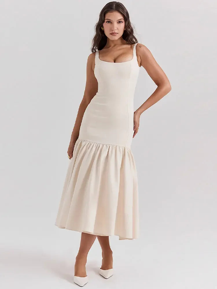 Summer Elegant Women's Solid Strap Dresses Sexy Sleeveless Backless Sling A Line Dress Chic Ladies Party Club Vacation Robe