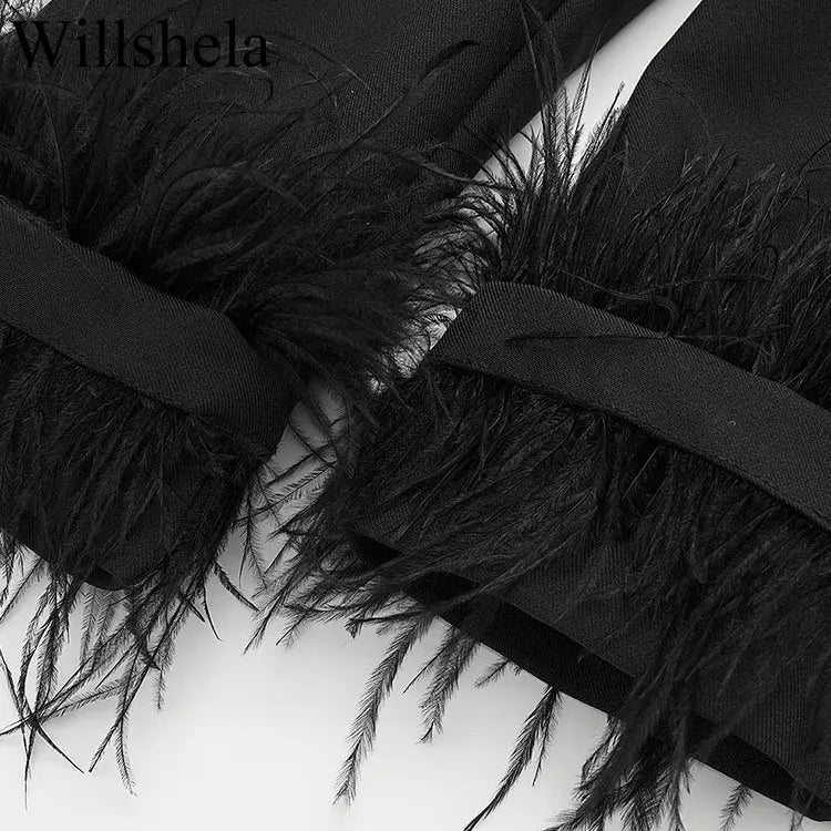 Women Fashion Satin Black With Feather Blazer Jacket Vintage Notched Neck Single Button Long Sleeves Female Outfits