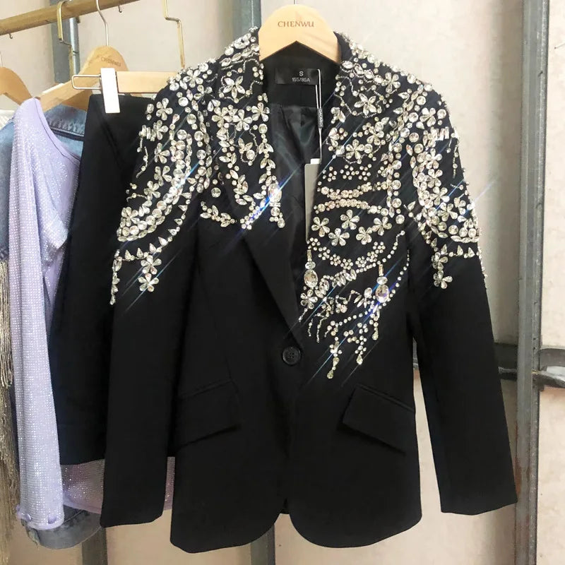 Women's new 2024 christmas gift Rhinestones 5000 needles handmade blazers Party Blazer Luxury Elegant Suit blazer Jackets black