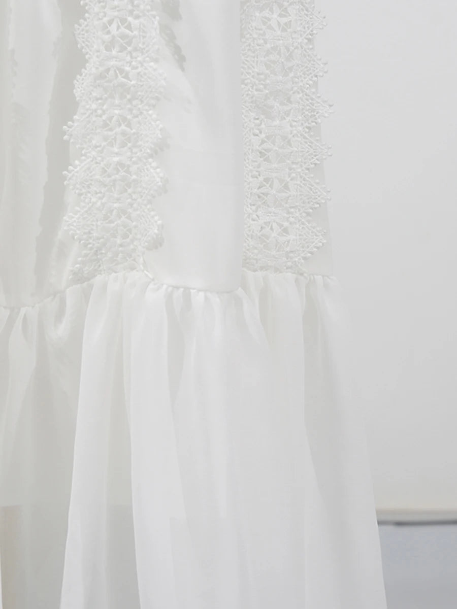 TWOTWINSTYLE White Spliced Lace Minimalist Dresses for Women V Neck Sleeveless Temperamnet Long Dress Female Fashion Clothes New