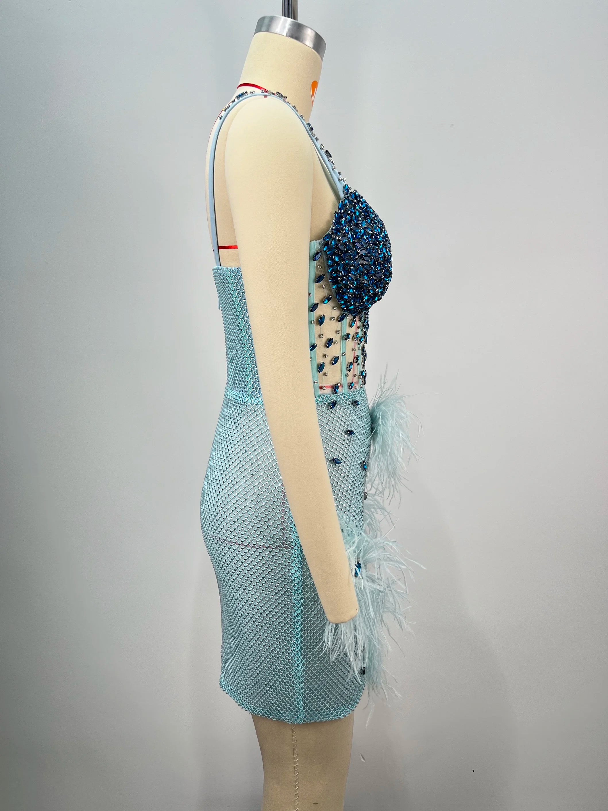 Luxury Feather Dazzling Diamonds Sexy Mesh See Through Light Blue Mini Dress Celebrity Birthday Party Dress Performance Costume