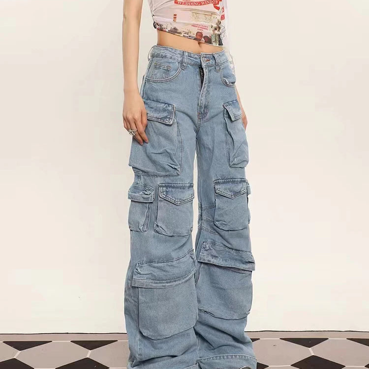 Grunge Punk High Street Style Oversized Cargo Jeans Women Spring Autumn Y2K Korean Fashion Pockets Loose Denim Boyfriend Pants