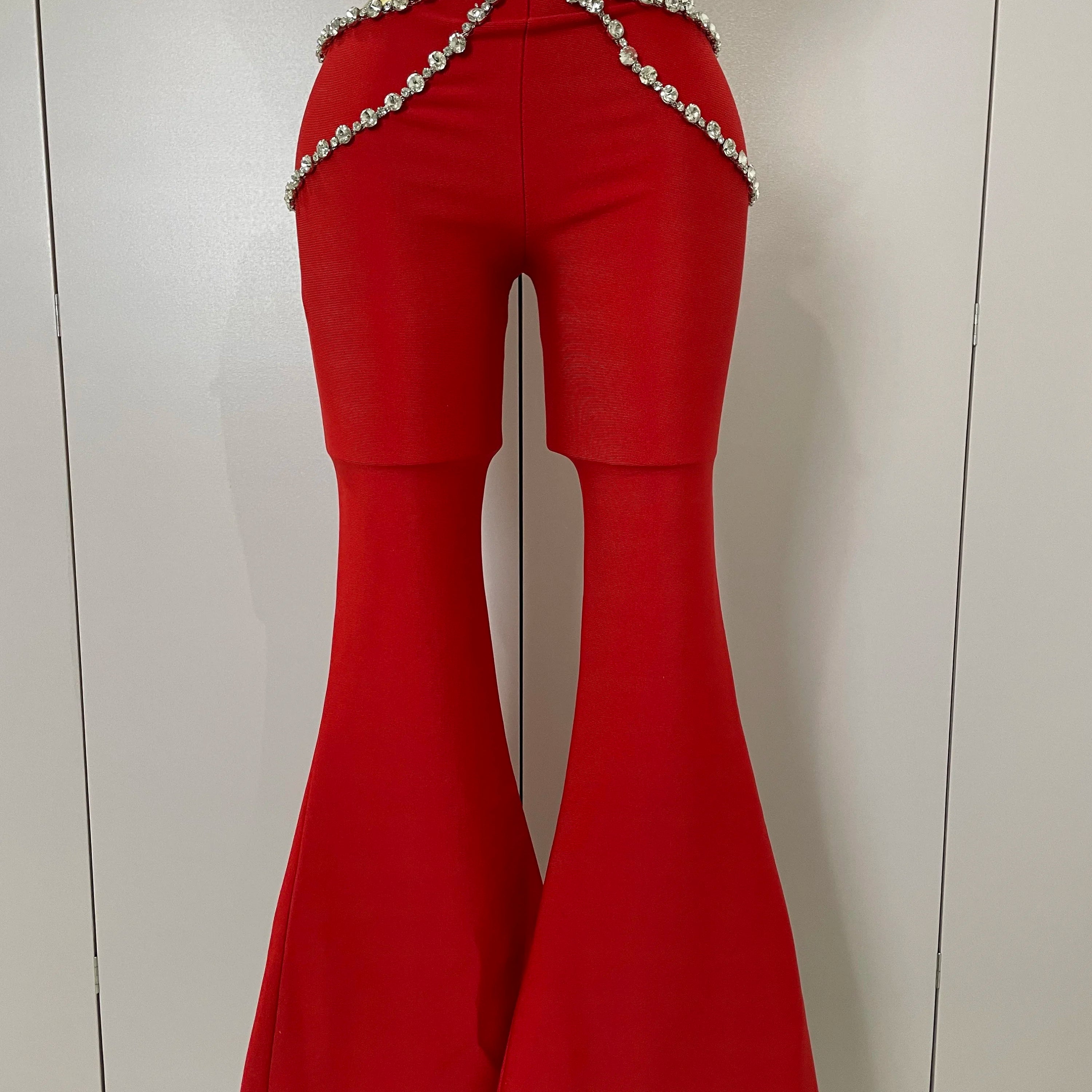 Luxury Rhinestone Red Sexy Cut Out Two Piece Pants Bandage Set 2025 Women Celebrity Designer Fashion Women's Set Stage Outfit