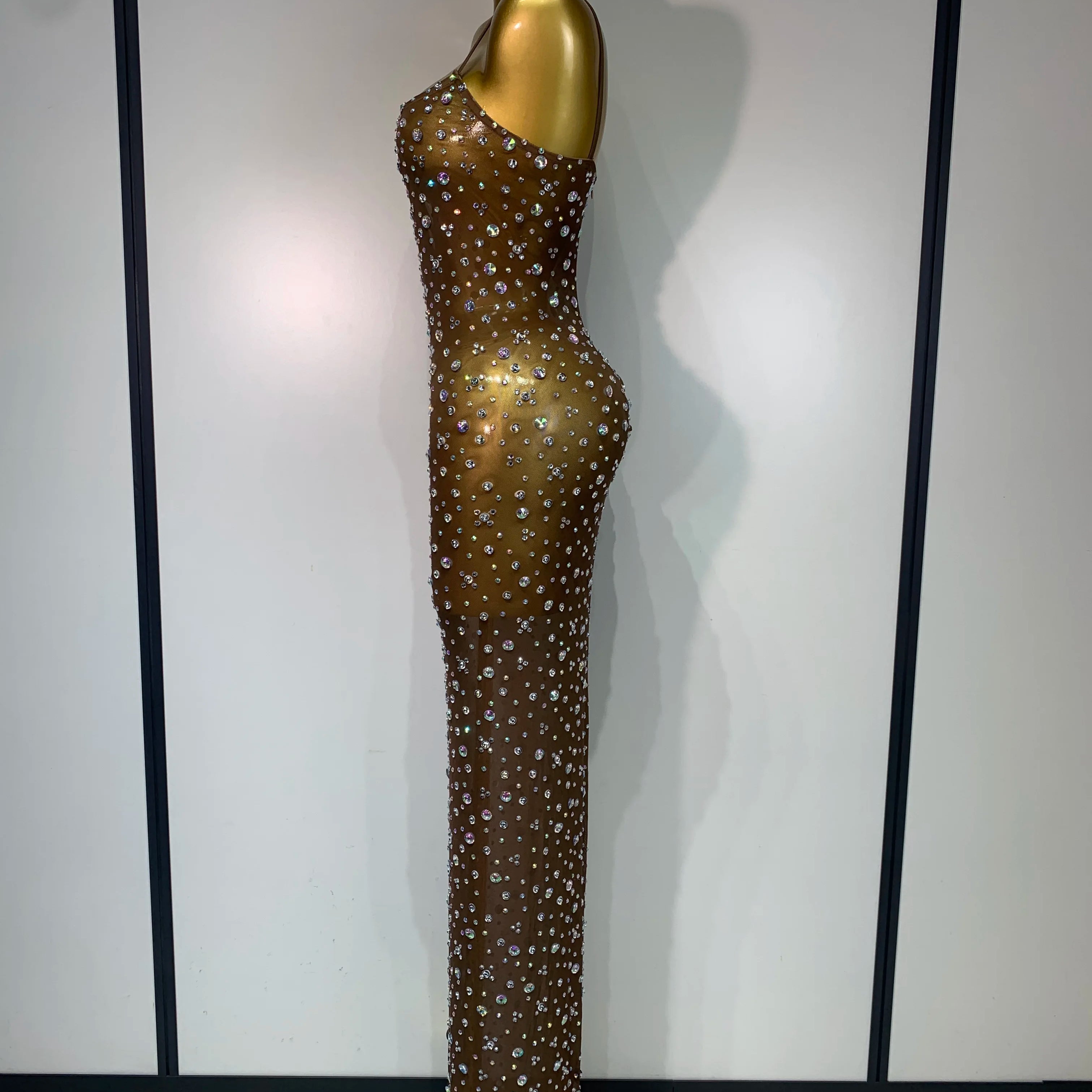 Sparkly Rhinestone Stretchy Mesh See Through Dress Women 2025 Performance Dancer Costume Luxury Birthday Nightclub Stage Outfit