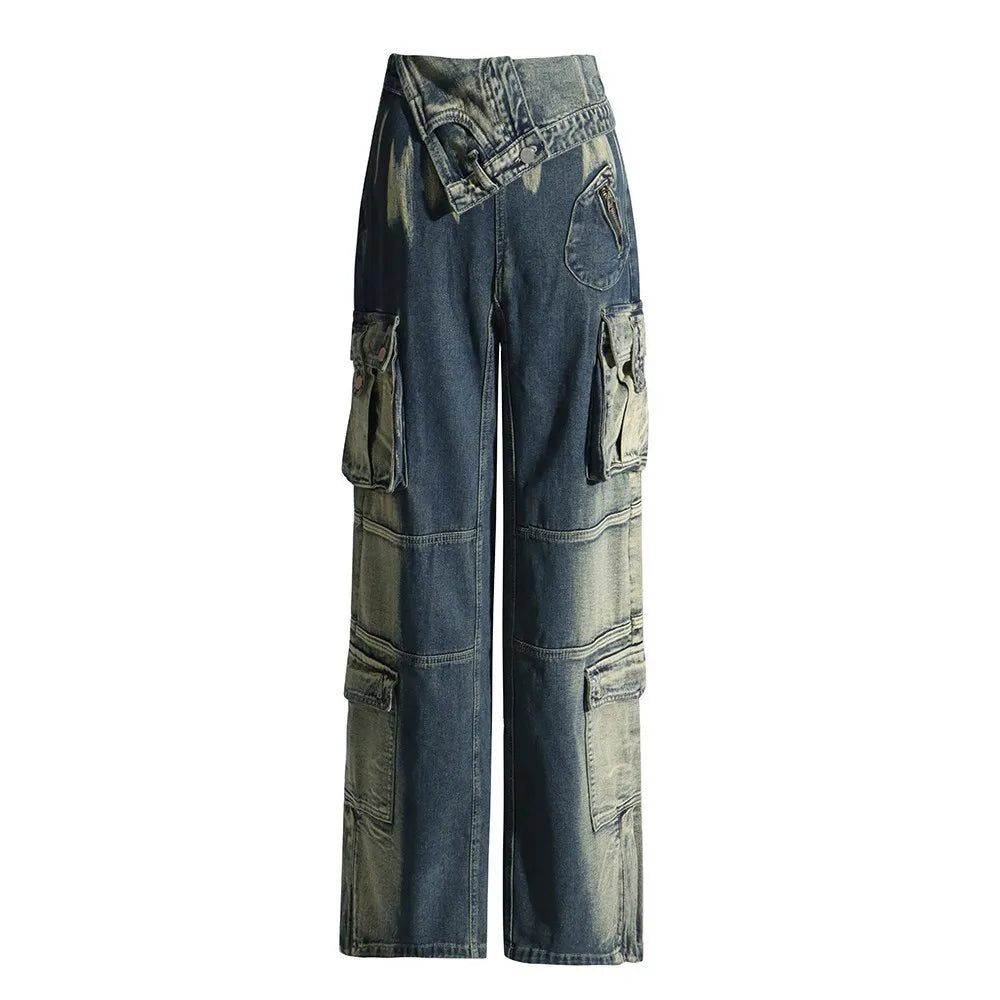 BPN Black Gothice Cargo Jeans For Women High Waist Patchwork Pockets Y2K Vintage Wide Leg Denim Pants Female Fashion Clothing BLUE