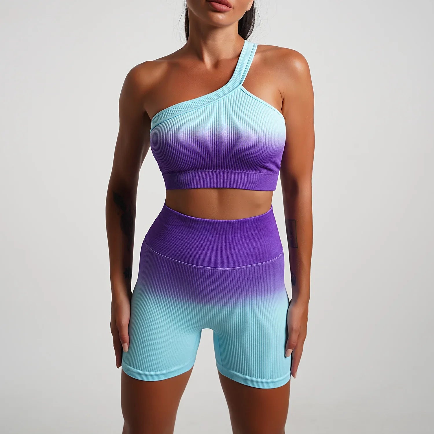 Seamless Gradient Yoga Sets Sports Fitness High Waist Hip-Lifting Pants Long-Sleeved Suits Workout Gym Leggings Sets for Women Purple B