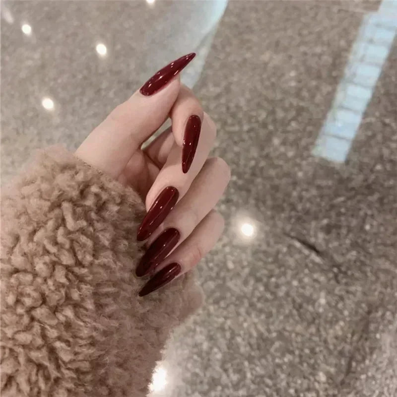 24 peças unhas postiças com cola amêndoa preto vermelho gradiente design destacável strass acrílico unha postiça longa stiletto unhas de pressão