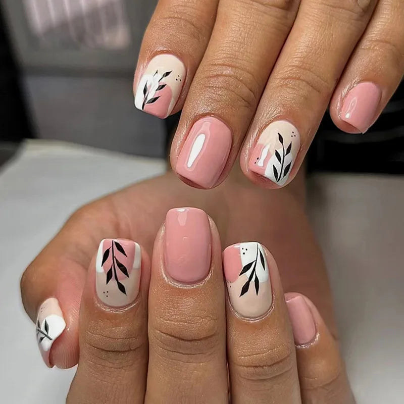 24Pcs Mid-Length Ballet Nails Set Pres on Cute Gradient Pink Flower Design False Nails Wearable Full Cover Fake Nail Tips