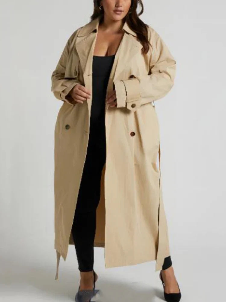 Women's Jackets Double Breasted Long Trench Classic Lapel Collar Long Sleeve Khaki Overcoat with Belt Female Autumn Outerwear khaki