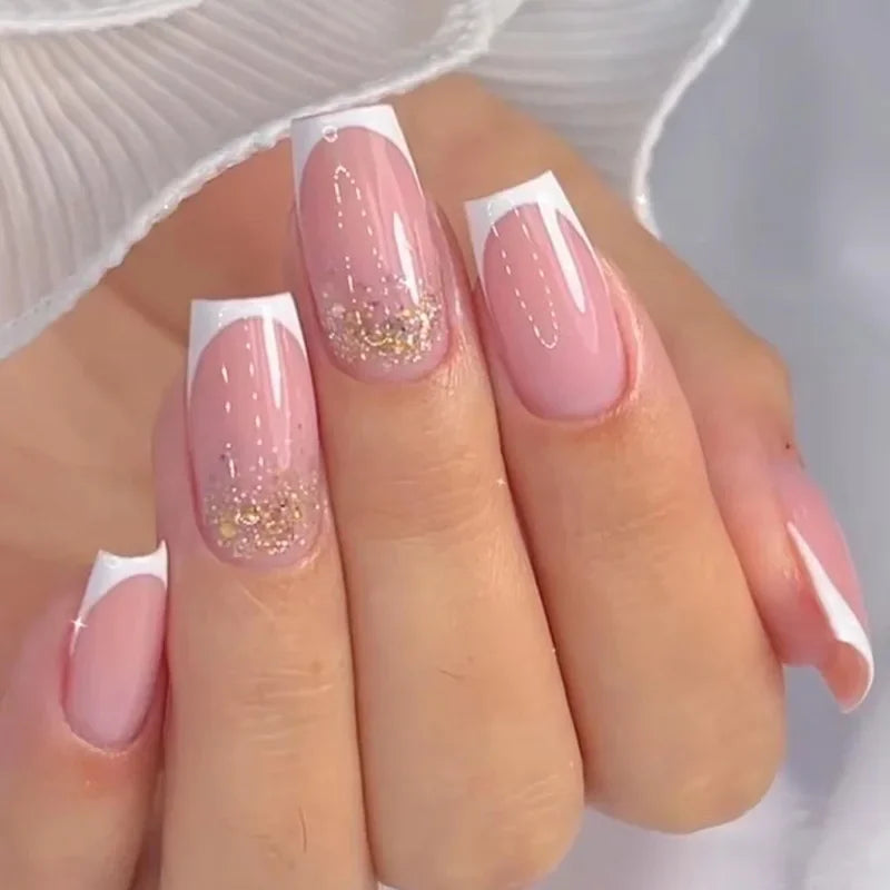 24Pcs White French Fake Nails Wearable Press on Nails Short Square False Nail art Artifical Finished Fingernails tips