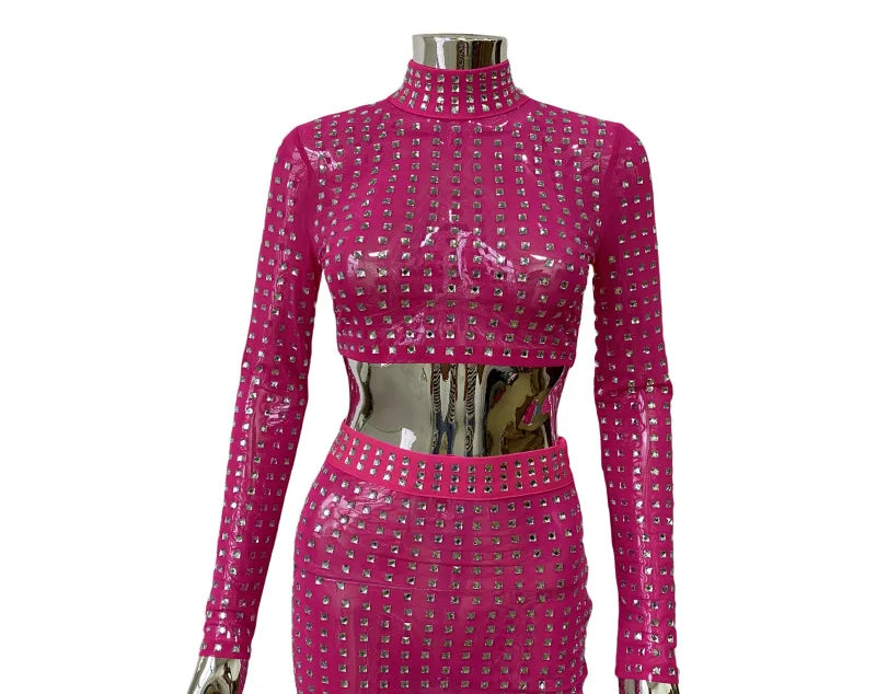 STOCK Sparkling square Diamonds Sexy Mesh See Through Top And Skirt Woman Fashion Set High Street Wear Evening Party Outfit