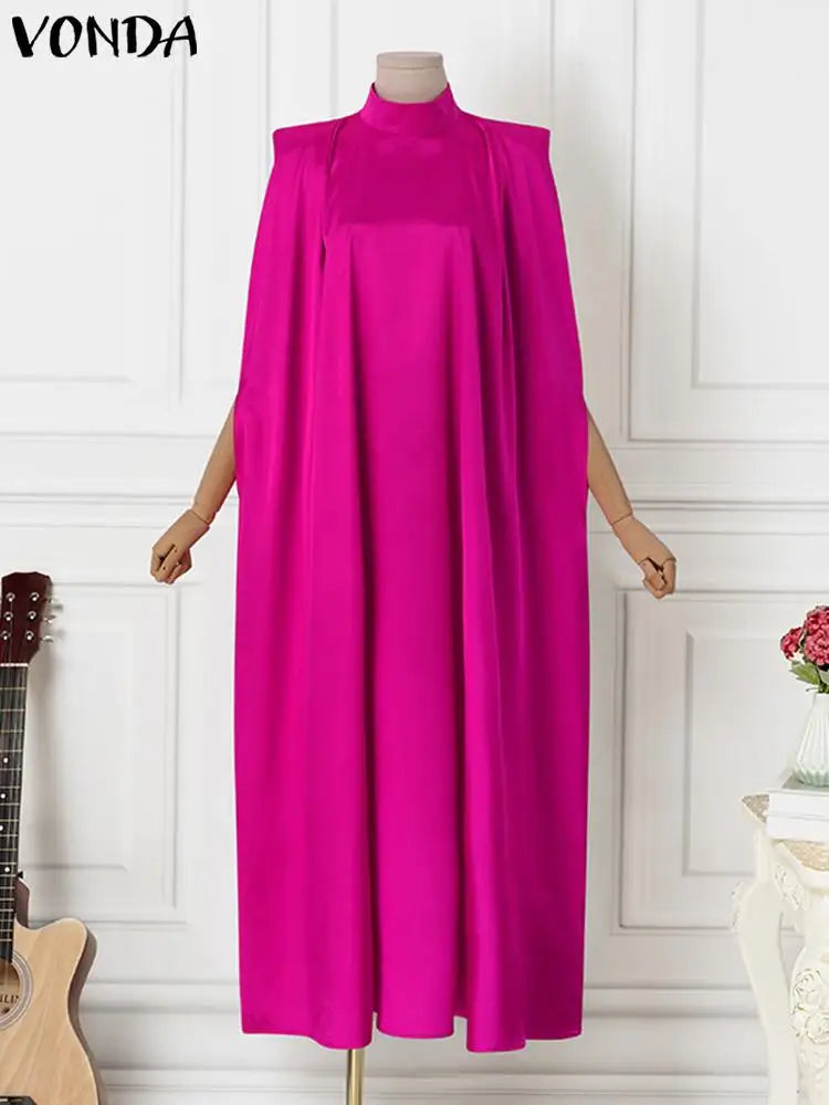 5XL Plus Size Women Dress Stand Collar Elegant Satin Dress Long Bat Sleeve Evening Pleated Maxi Sundress Casual Robe