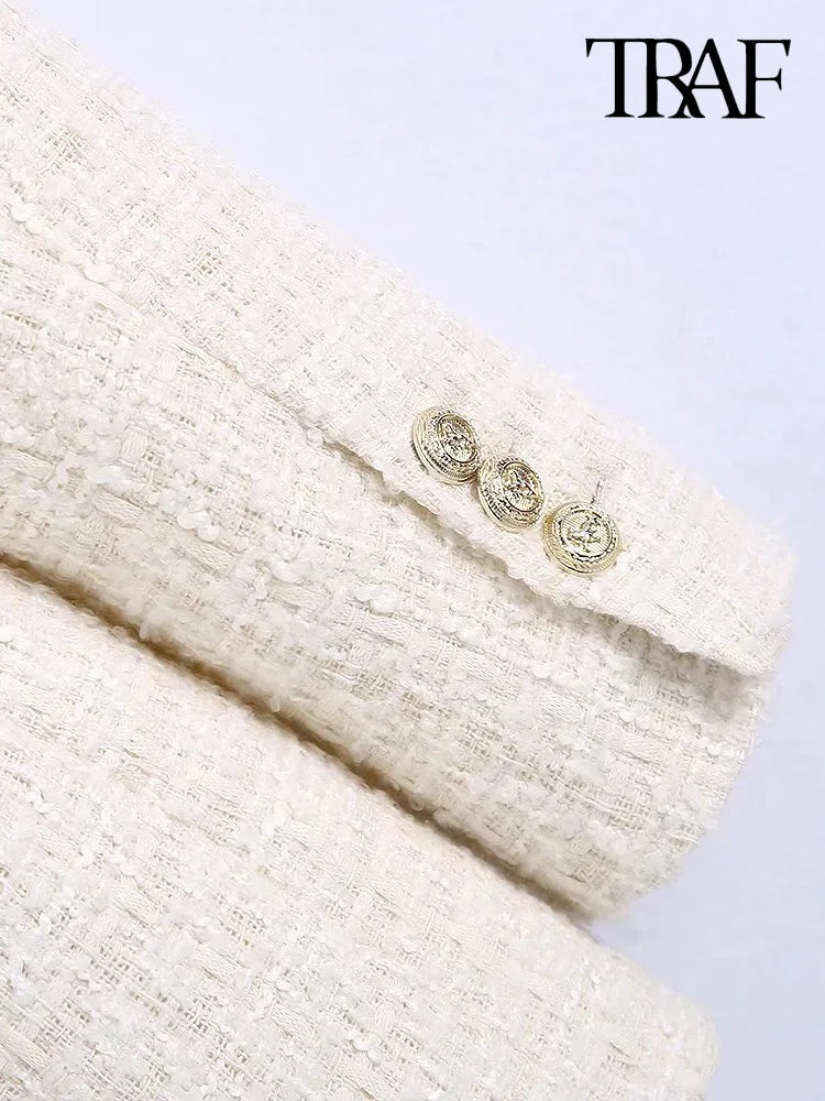 Women Fashion Tweed Double Breasted Blazer Coat Vintage Long Sleeve Flap Pockets Female Outerwear Chic Veste Femme