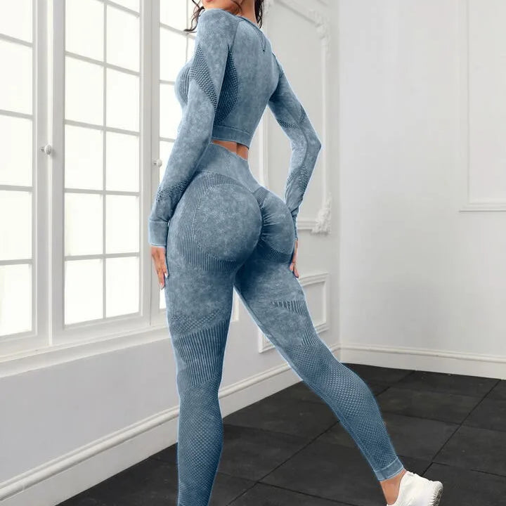 Seamless Yoga Sets Women Workout Sportswear Gym Clothing Long Sleeve Crop Top High Waist Leggings Workout Fitness Sports Suits Blue
