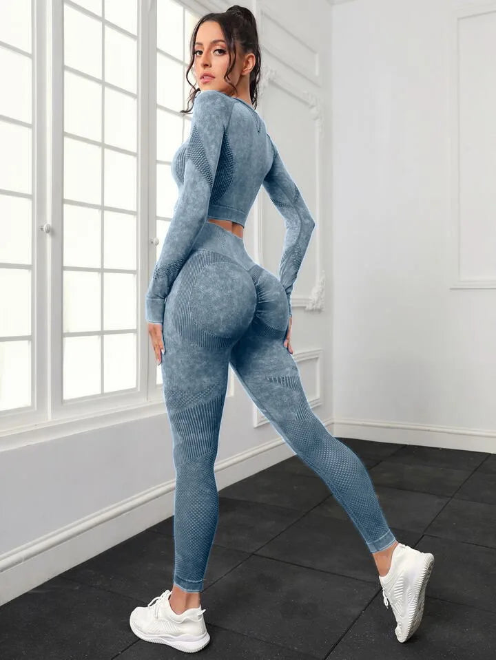 Seamless Yoga Sets Women Workout Sportswear Gym Clothing Long Sleeve Crop Top High Waist Leggings Workout Fitness Sports Suits Blue