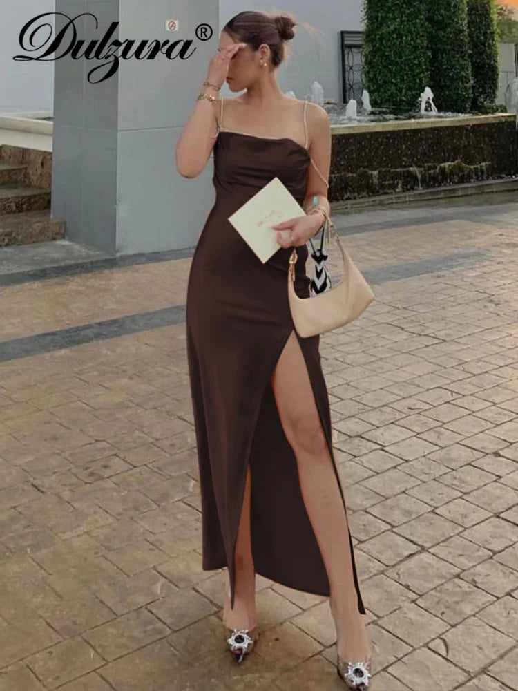 Dulzura Sexy Y2K Clothes Satin Sleeveless Lace Up Backless Side Lit Bodycon Maxi Dresses For Women Club Birthday Party Outfits